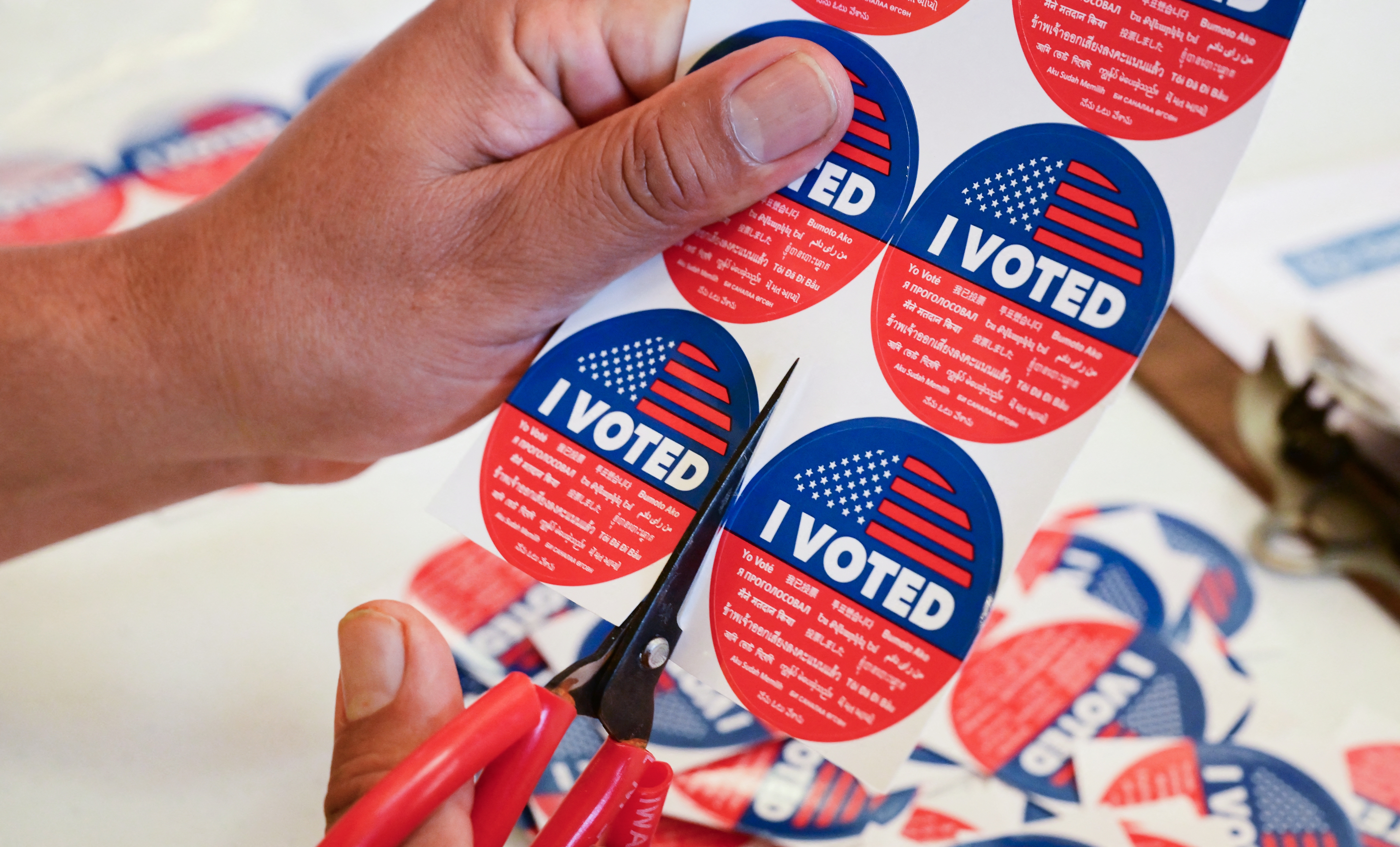 "I Voted" stickers are being prepared at a vote center in Los Angeles, on November 4, 2025, where where Proposition 50 passed as the only measure in the state